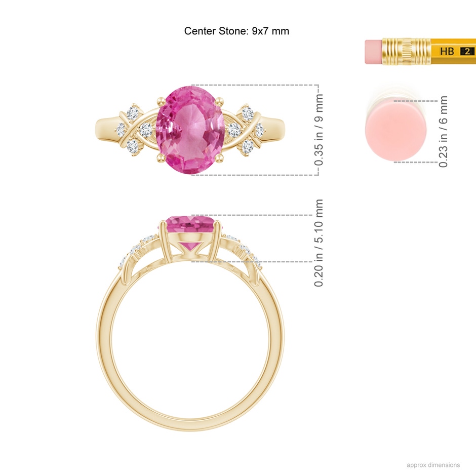 9x7mm AAA Solitaire Oval Pink Sapphire Criss Cross Ring with Diamonds in Yellow Gold ruler