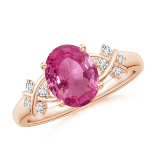 9x7mm AAAA Solitaire Oval Pink Sapphire Criss Cross Ring with Diamonds in 9K Rose Gold