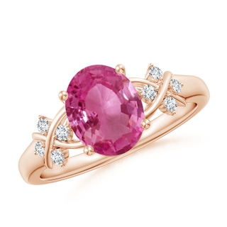 9x7mm AAAA Solitaire Oval Pink Sapphire Criss Cross Ring with Diamonds in Rose Gold