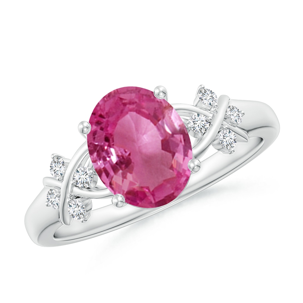 9x7mm AAAA Solitaire Oval Pink Sapphire Criss Cross Ring with Diamonds in White Gold