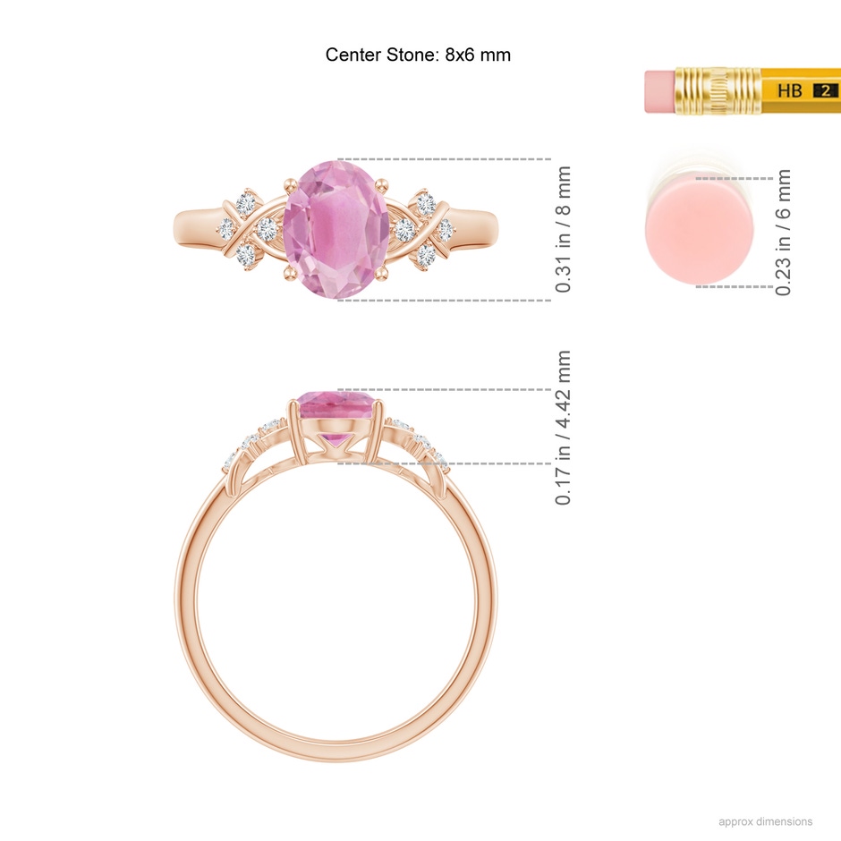 8x6mm A Solitaire Oval Pink Tourmaline Criss Cross Ring with Diamonds in Rose Gold ruler