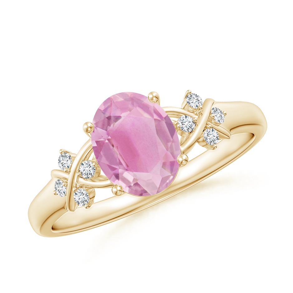 8x6mm A Solitaire Oval Pink Tourmaline Criss Cross Ring with Diamonds in Yellow Gold 