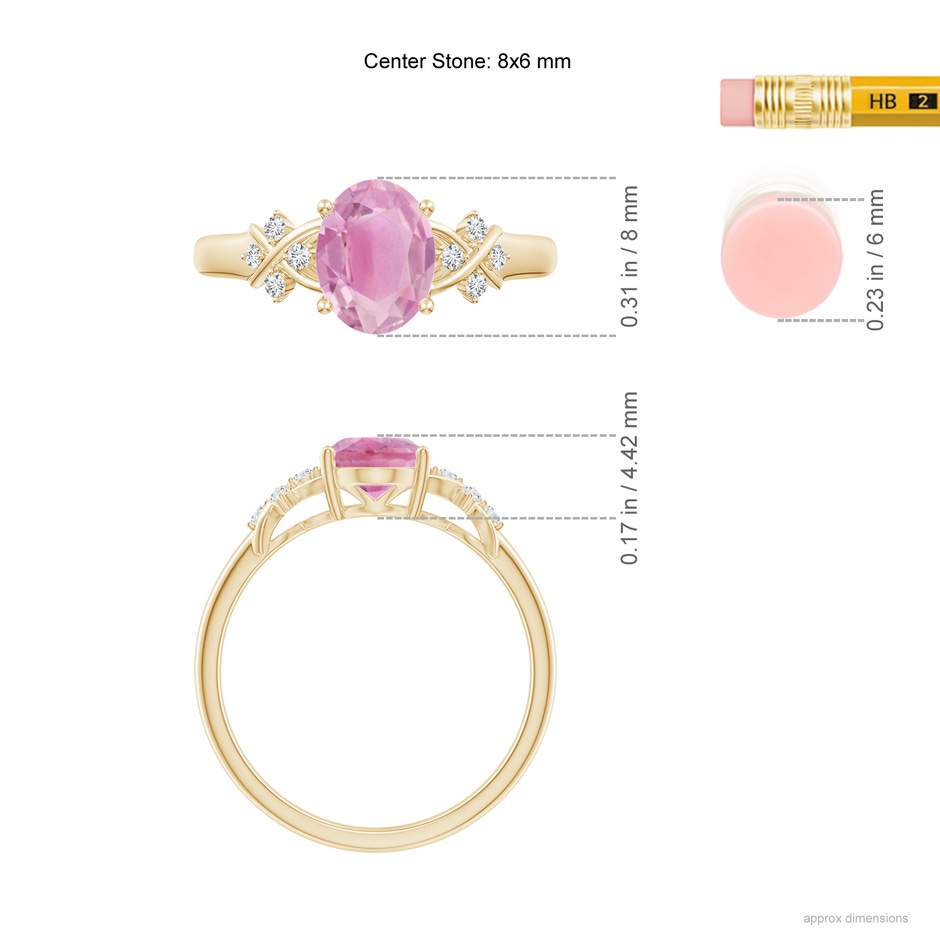 8x6mm A Solitaire Oval Pink Tourmaline Criss Cross Ring with Diamonds in Yellow Gold ruler