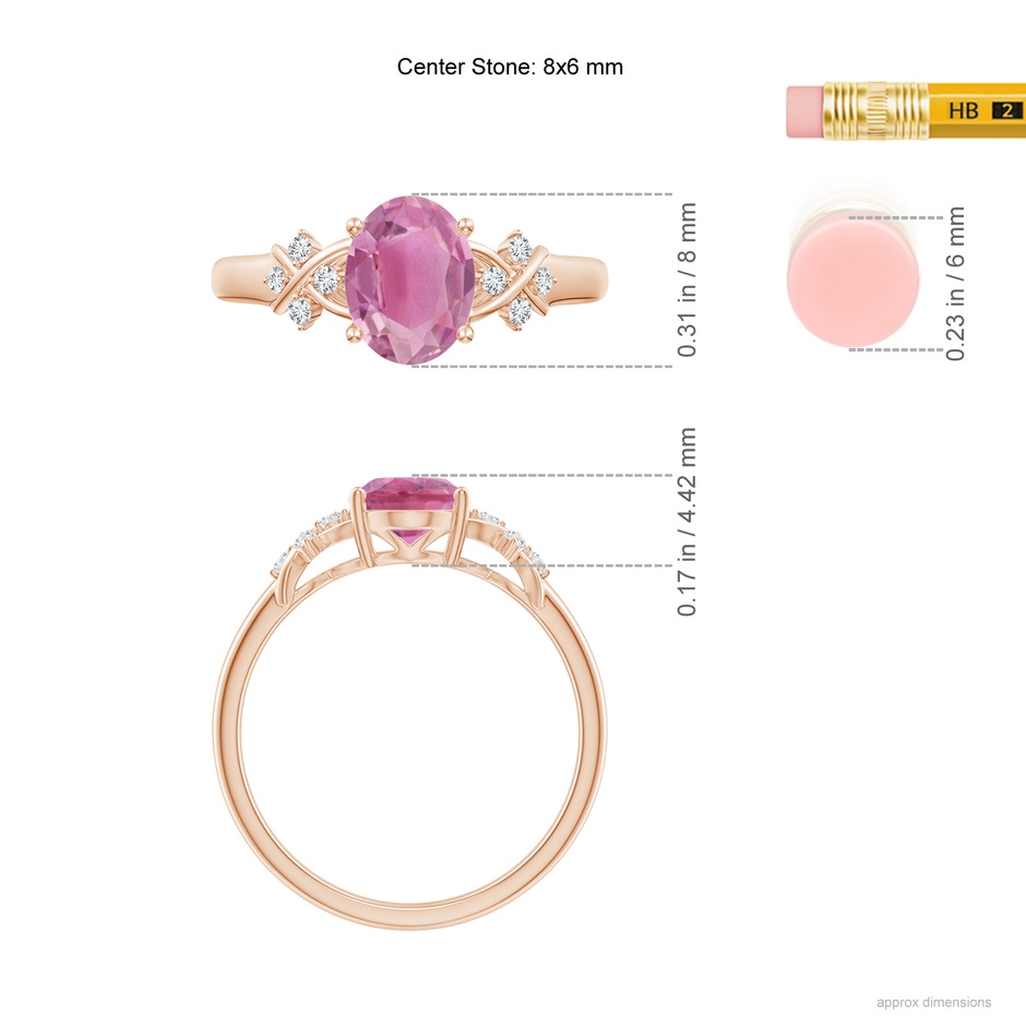 8x6mm AA Solitaire Oval Pink Tourmaline Criss Cross Ring with Diamonds in Rose Gold ruler