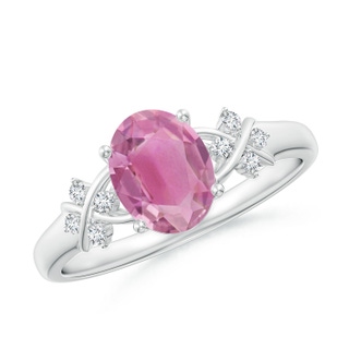 8x6mm AA Solitaire Oval Pink Tourmaline Criss Cross Ring with Diamonds in White Gold