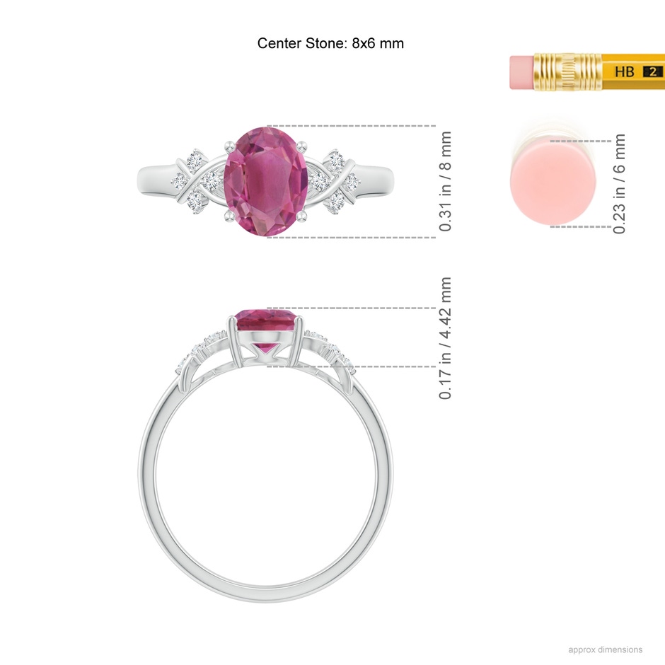 8x6mm AAA Solitaire Oval Pink Tourmaline Criss Cross Ring with Diamonds in White Gold ruler