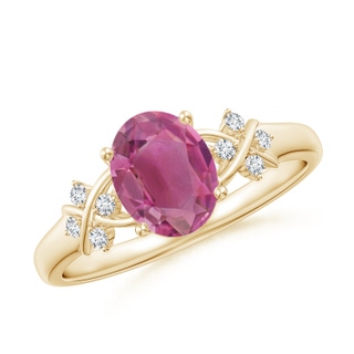 8x6mm AAA Solitaire Oval Pink Tourmaline Criss Cross Ring with Diamonds in Yellow Gold