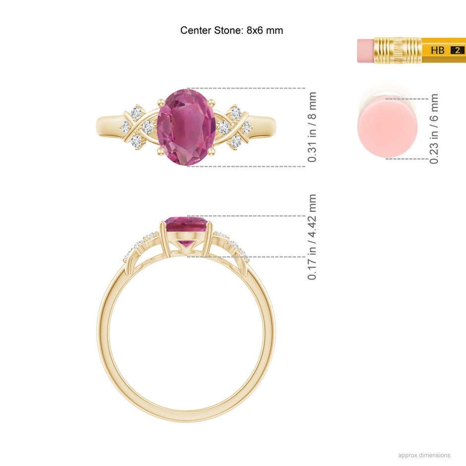 8x6mm AAA Solitaire Oval Pink Tourmaline Criss Cross Ring with Diamonds in Yellow Gold ruler