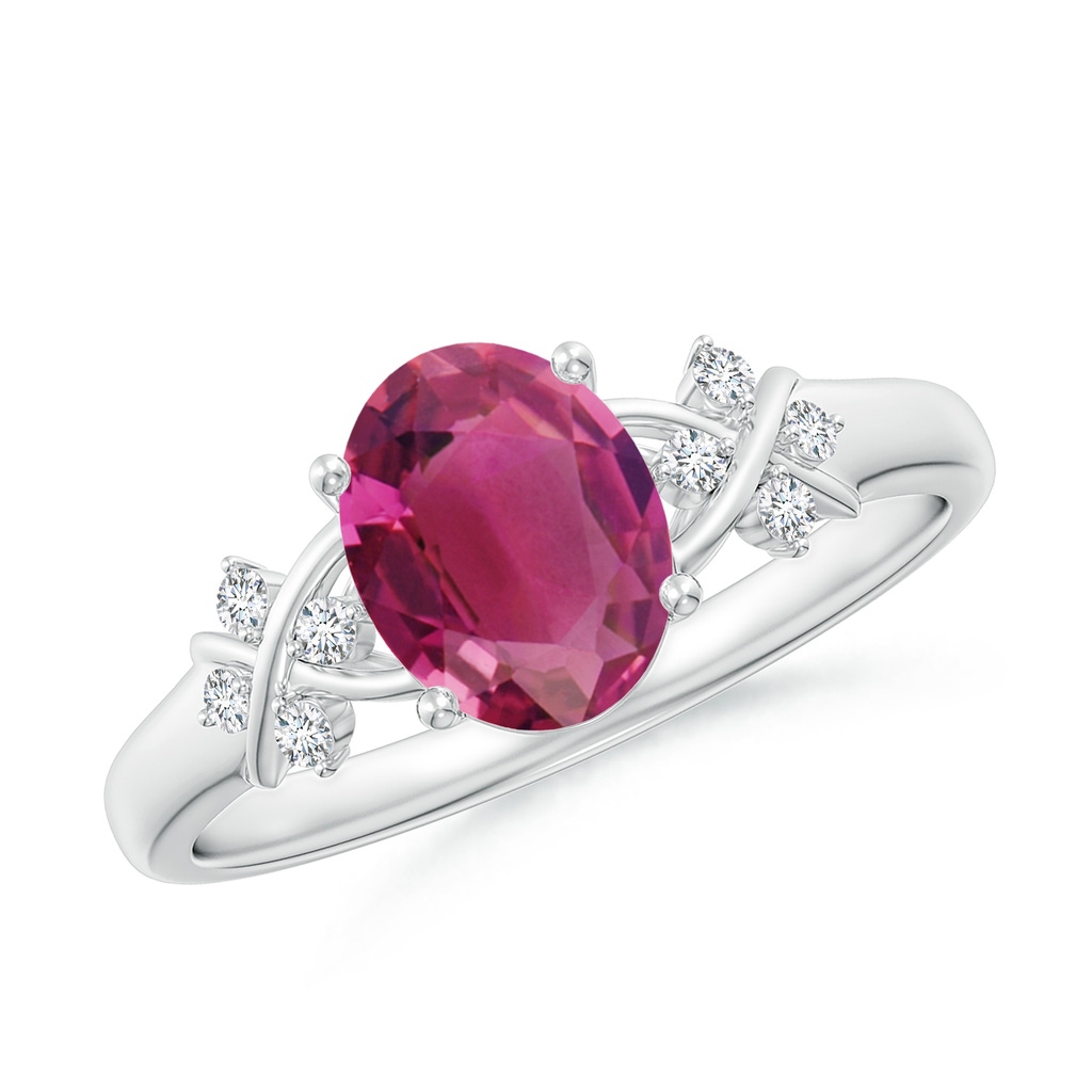 8x6mm AAAA Solitaire Oval Pink Tourmaline Criss Cross Ring with Diamonds in P950 Platinum