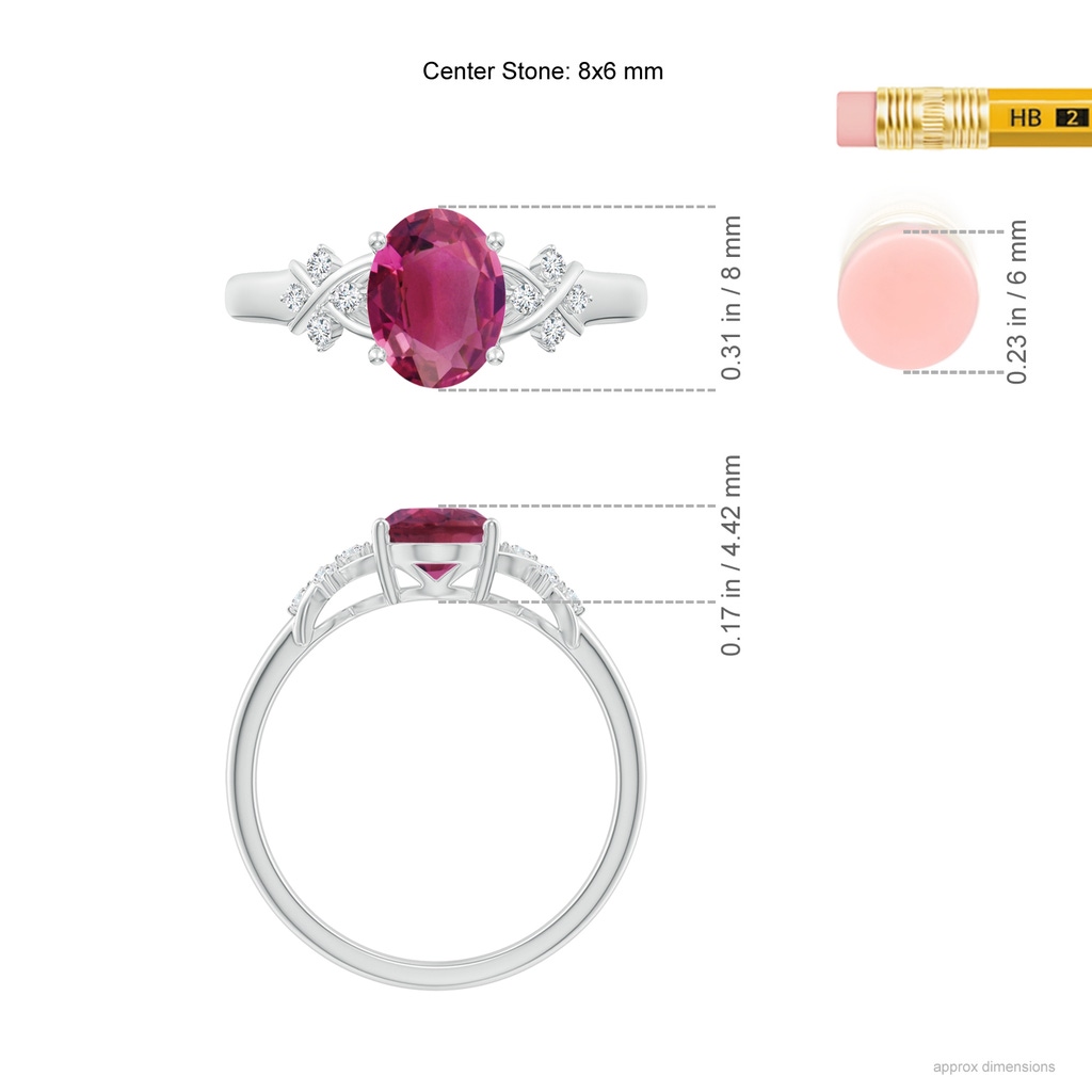 8x6mm AAAA Solitaire Oval Pink Tourmaline Criss Cross Ring with Diamonds in P950 Platinum ruler