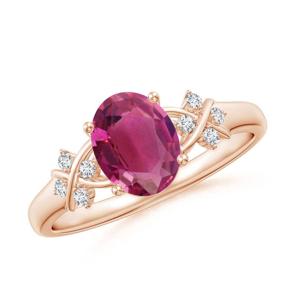8x6mm AAAA Solitaire Oval Pink Tourmaline Criss Cross Ring with Diamonds in Rose Gold 