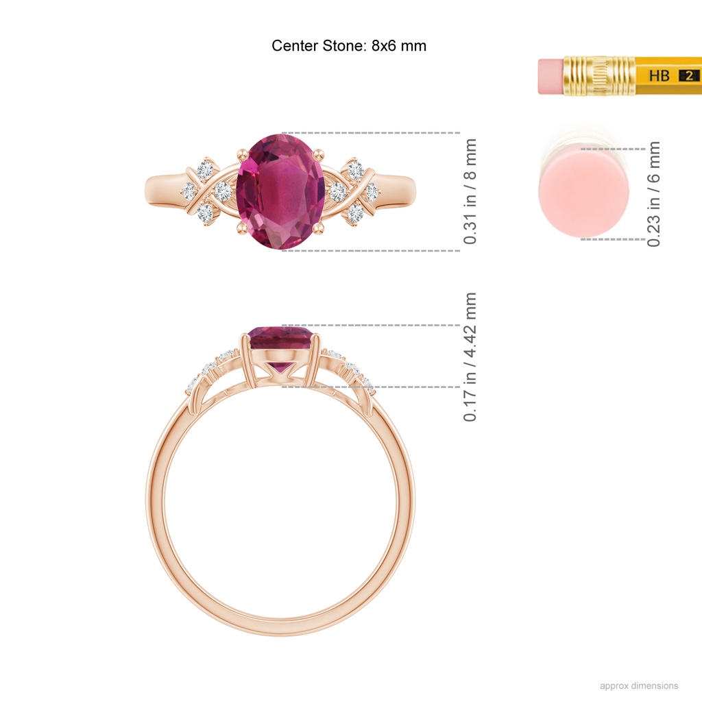 8x6mm AAAA Solitaire Oval Pink Tourmaline Criss Cross Ring with Diamonds in Rose Gold ruler