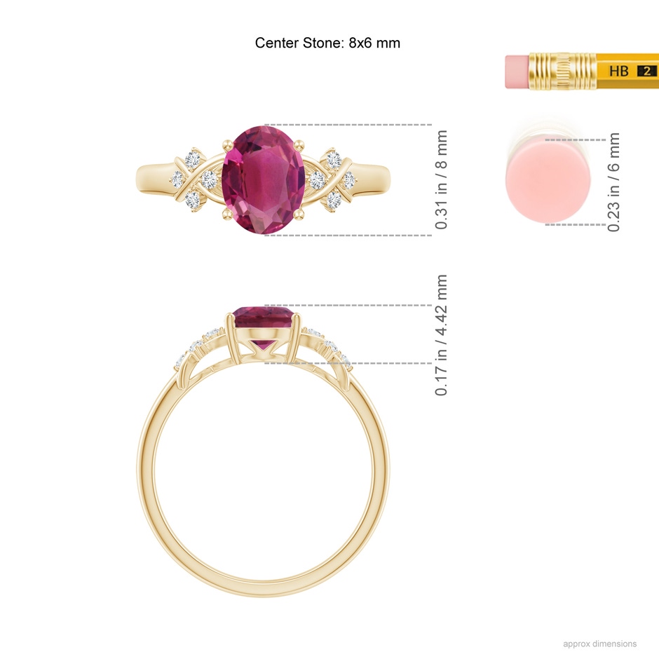 8x6mm AAAA Solitaire Oval Pink Tourmaline Criss Cross Ring with Diamonds in Yellow Gold ruler