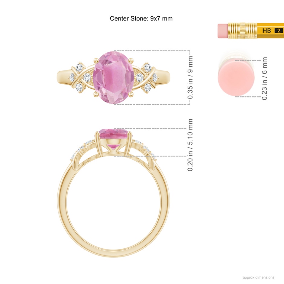 9x7mm A Solitaire Oval Pink Tourmaline Criss Cross Ring with Diamonds in Yellow Gold ruler