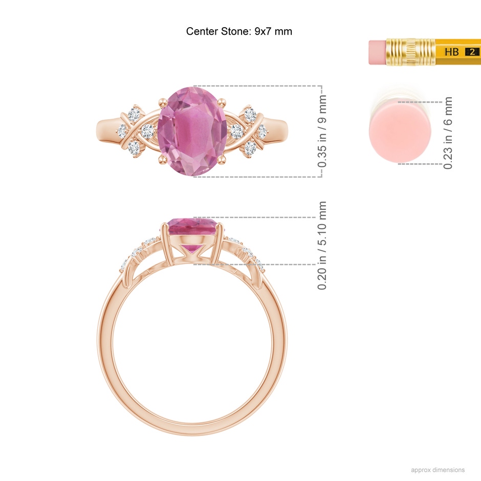 9x7mm AA Solitaire Oval Pink Tourmaline Criss Cross Ring with Diamonds in Rose Gold ruler
