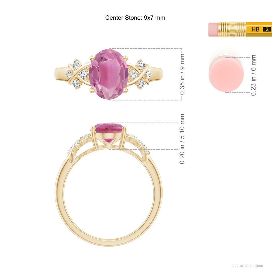 9x7mm AA Solitaire Oval Pink Tourmaline Criss Cross Ring with Diamonds in Yellow Gold ruler