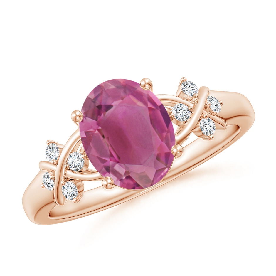 9x7mm AAA Solitaire Oval Pink Tourmaline Criss Cross Ring with Diamonds in Rose Gold 
