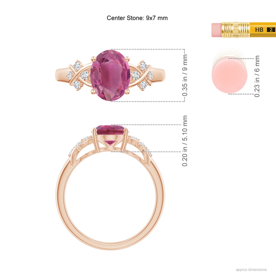 9x7mm AAA Solitaire Oval Pink Tourmaline Criss Cross Ring with Diamonds in Rose Gold ruler