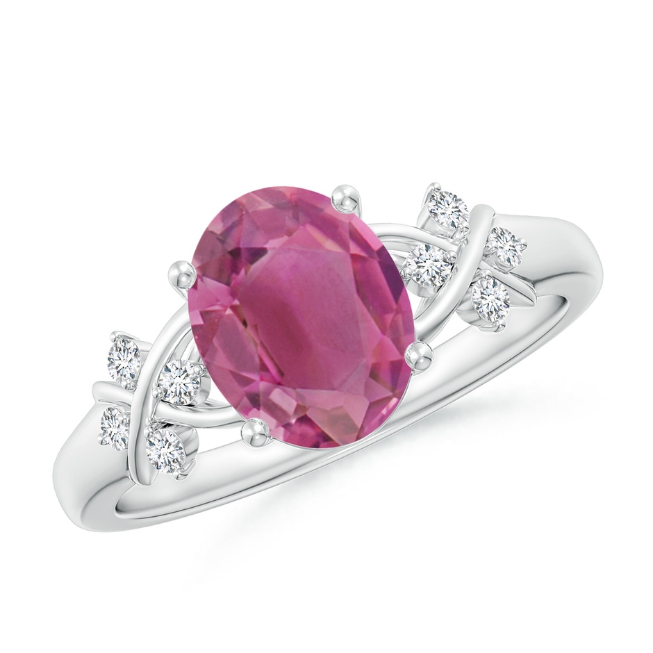 9x7mm AAA Solitaire Oval Pink Tourmaline Criss Cross Ring with Diamonds in White Gold 