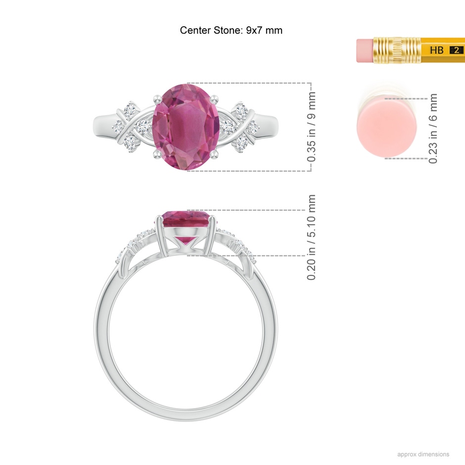 9x7mm AAA Solitaire Oval Pink Tourmaline Criss Cross Ring with Diamonds in White Gold ruler