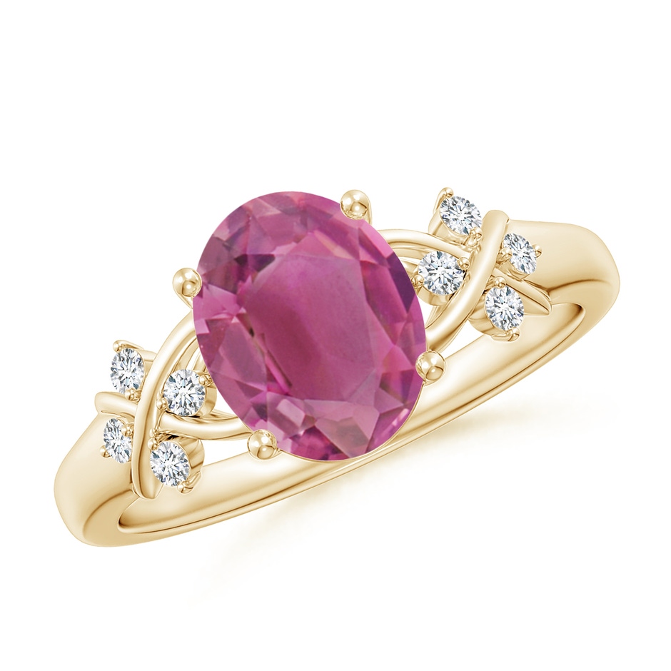 9x7mm AAA Solitaire Oval Pink Tourmaline Criss Cross Ring with Diamonds in Yellow Gold 