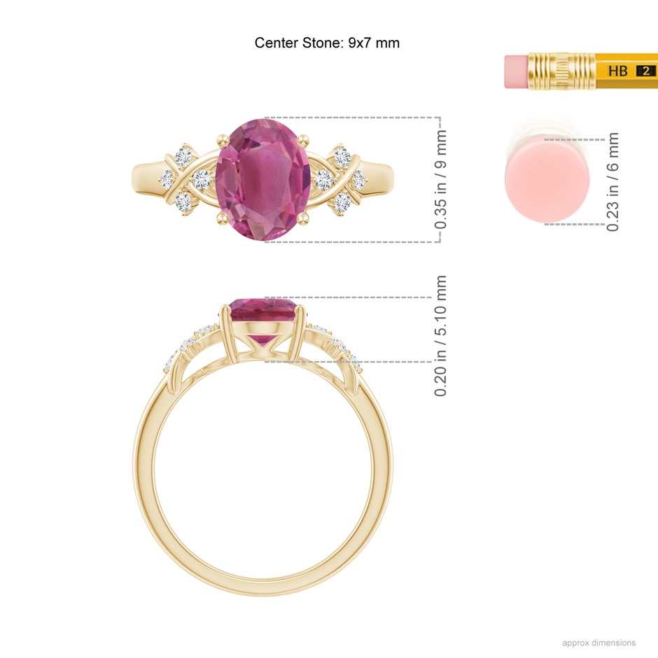 9x7mm AAA Solitaire Oval Pink Tourmaline Criss Cross Ring with Diamonds in Yellow Gold ruler