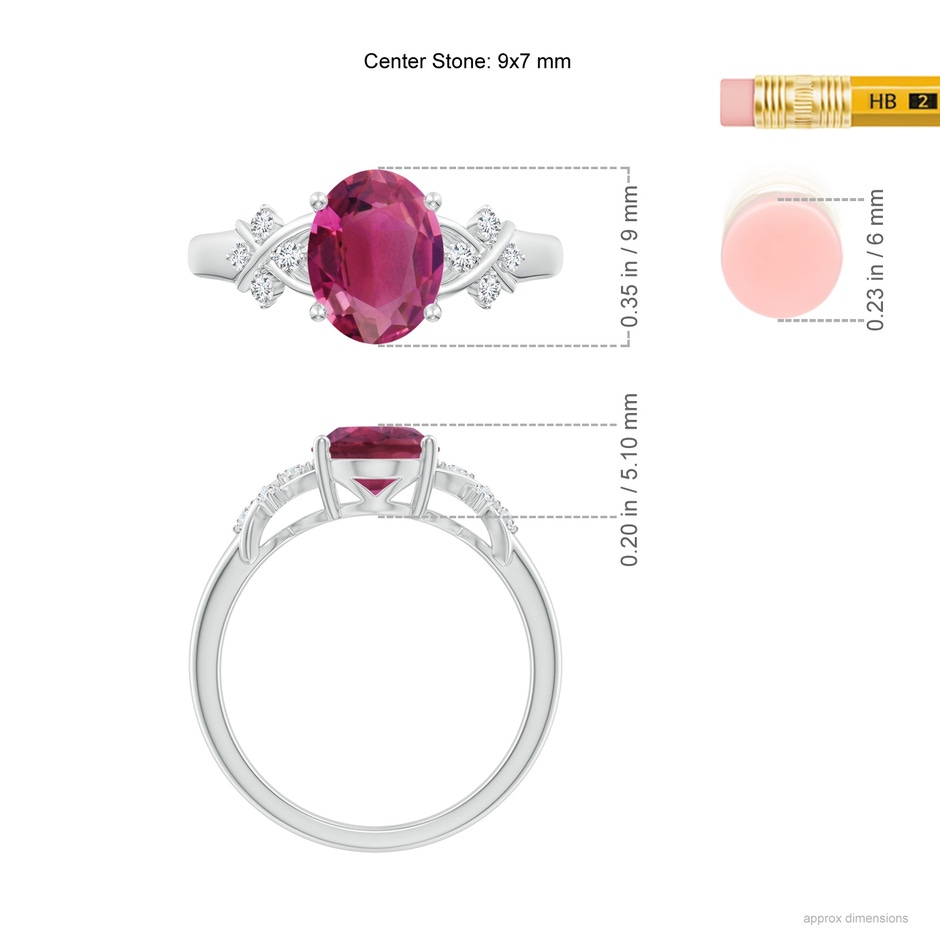 9x7mm AAAA Solitaire Oval Pink Tourmaline Criss Cross Ring with Diamonds in P950 Platinum ruler