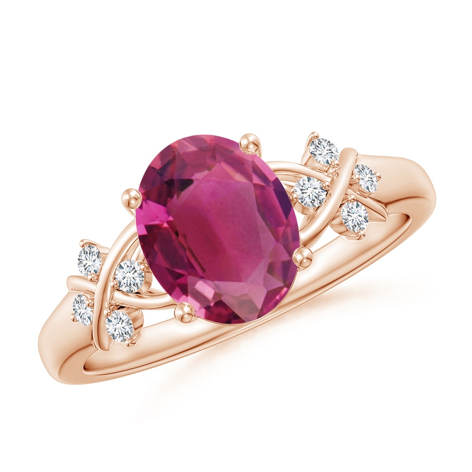 9x7mm AAAA Solitaire Oval Pink Tourmaline Criss Cross Ring with Diamonds in Rose Gold 