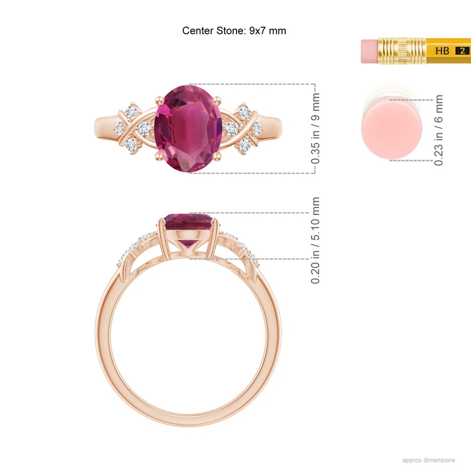 9x7mm AAAA Solitaire Oval Pink Tourmaline Criss Cross Ring with Diamonds in Rose Gold ruler