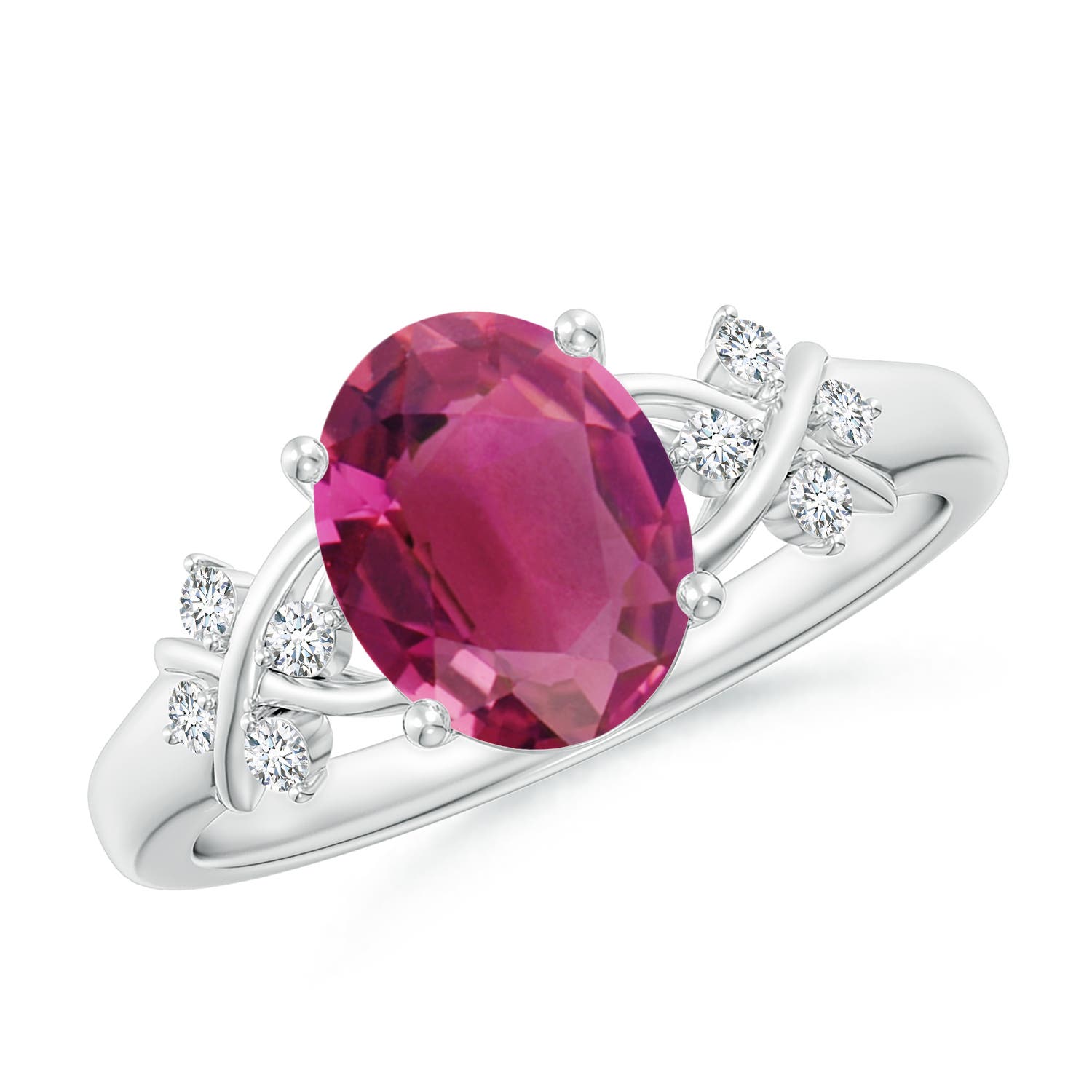 9x7mm AAAA Solitaire Oval Pink Tourmaline Criss Cross Ring with Diamonds in White Gold