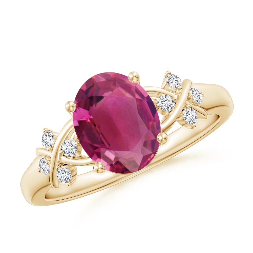 9x7mm AAAA Solitaire Oval Pink Tourmaline Criss Cross Ring with Diamonds in Yellow Gold