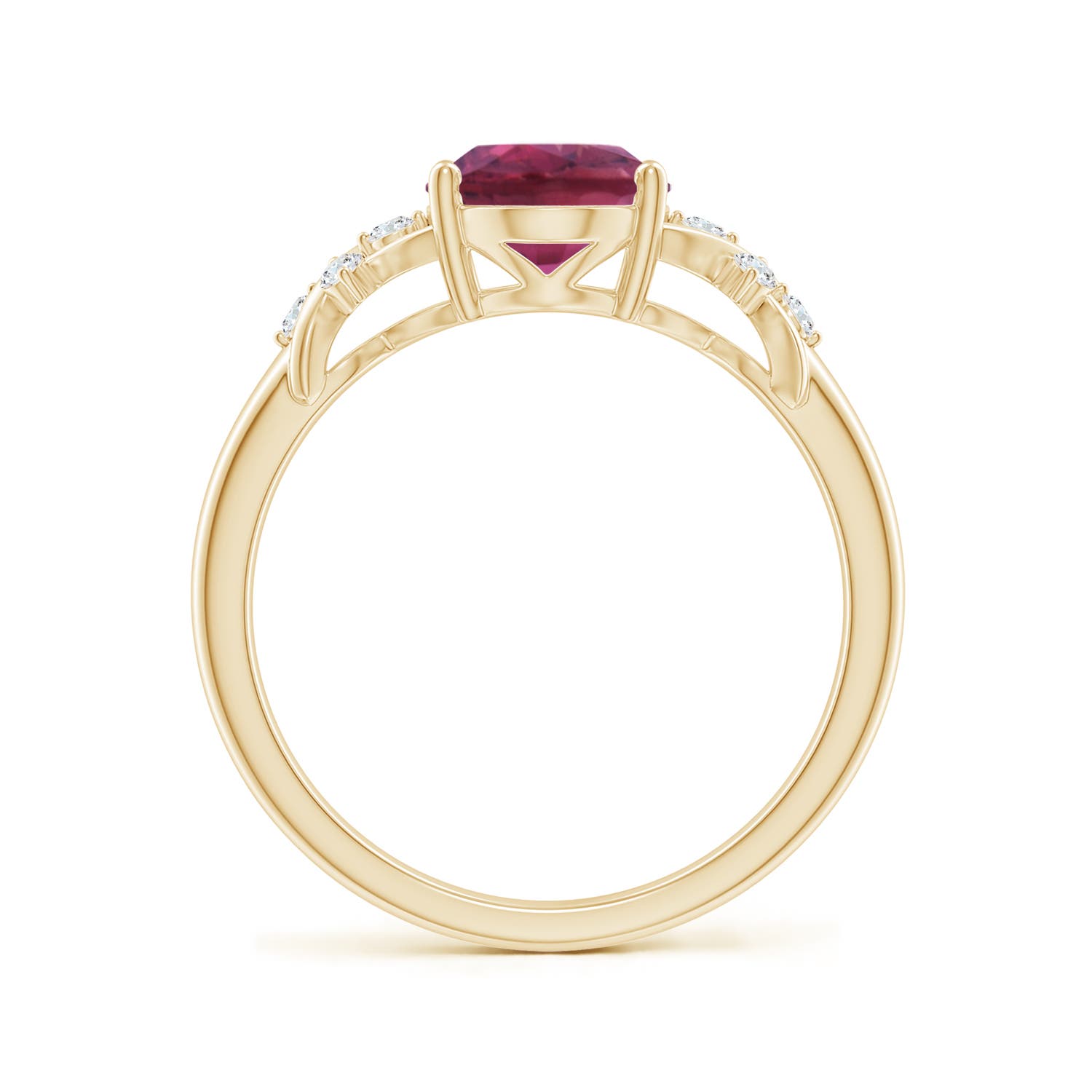 9x7mm AAAA Solitaire Oval Pink Tourmaline Criss Cross Ring with Diamonds in Yellow Gold - side 2
