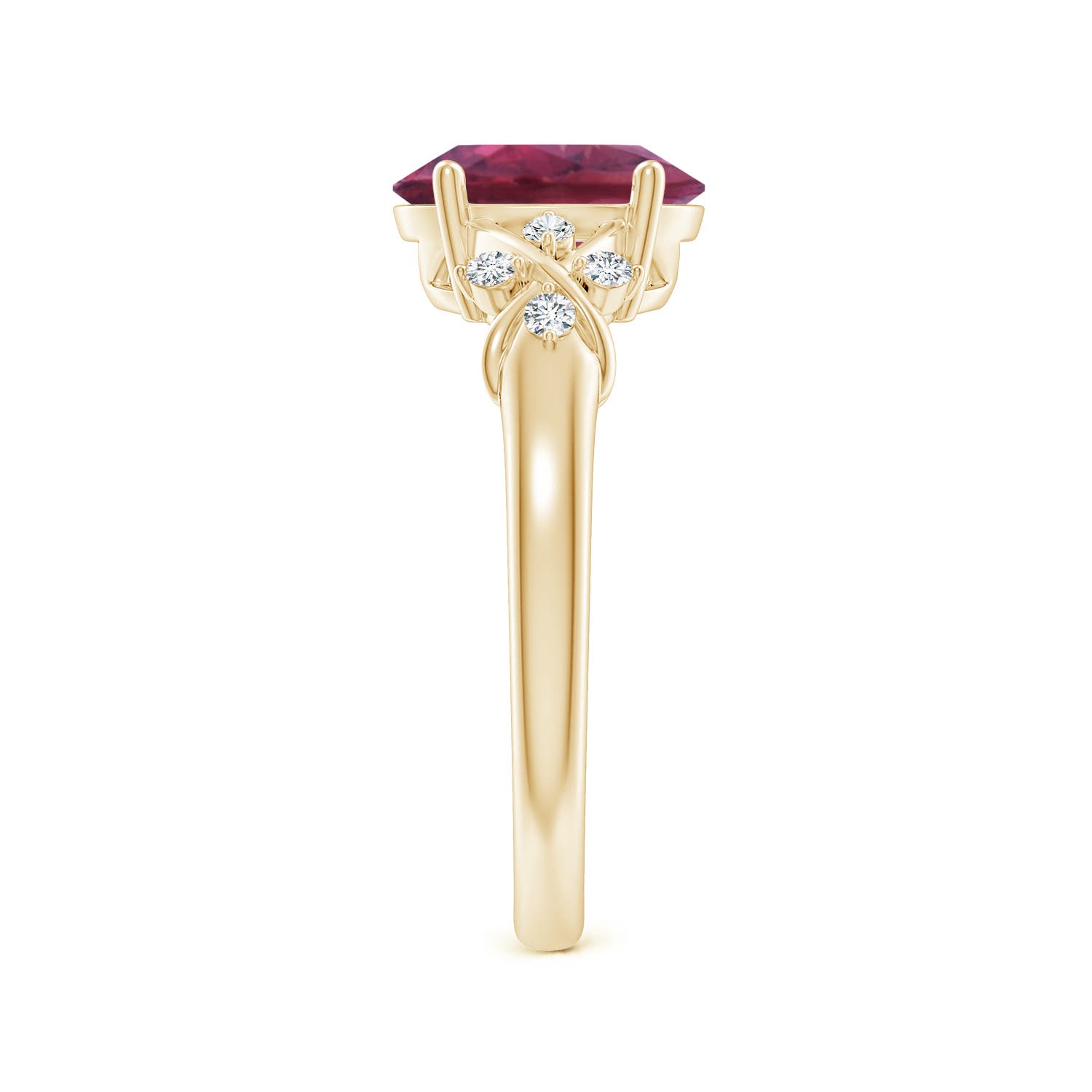9x7mm AAAA Solitaire Oval Pink Tourmaline Criss Cross Ring with Diamonds in Yellow Gold - side 3