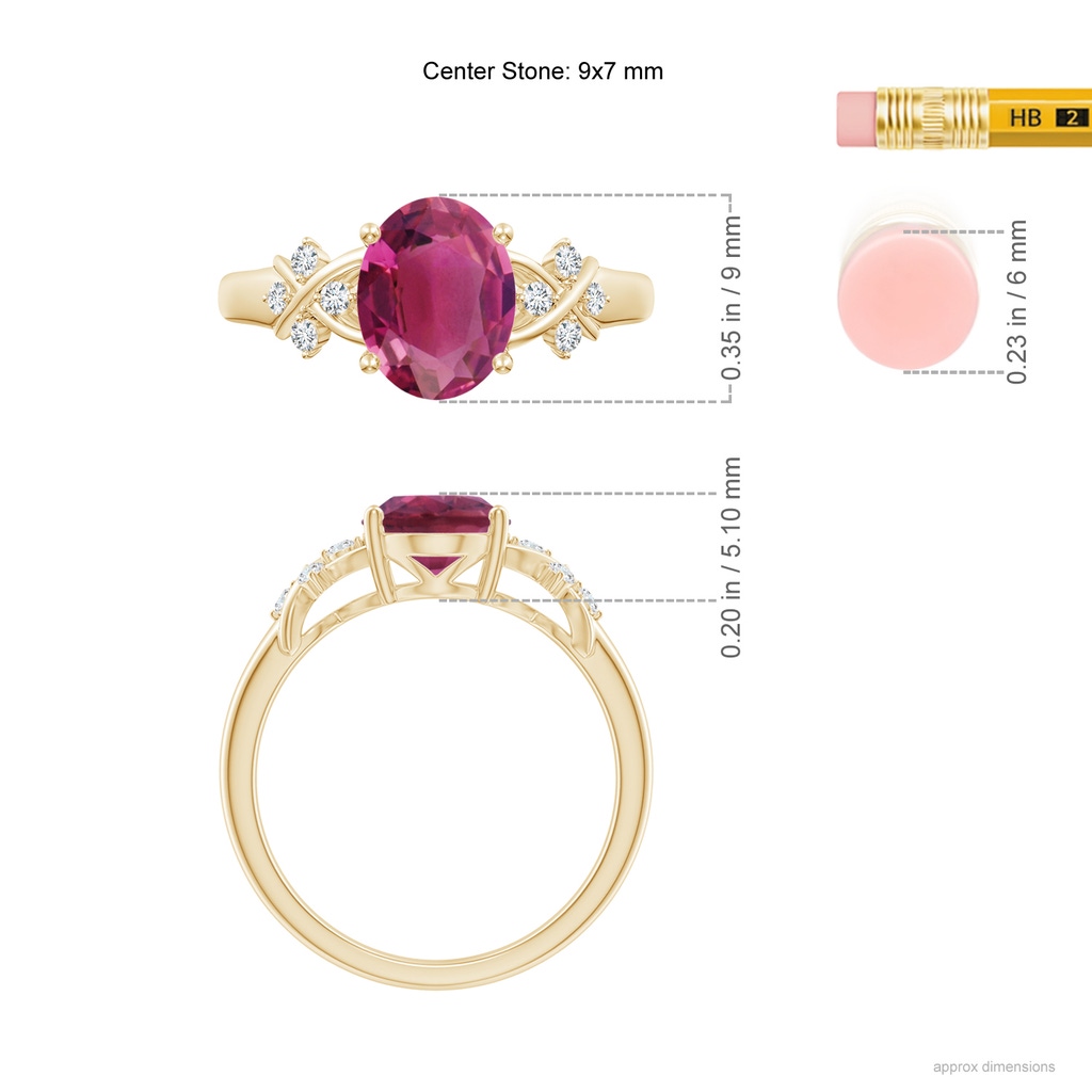 9x7mm AAAA Solitaire Oval Pink Tourmaline Criss Cross Ring with Diamonds in Yellow Gold ruler