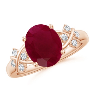 10x8mm A Solitaire Oval Ruby Criss Cross Ring with Diamonds in Rose Gold