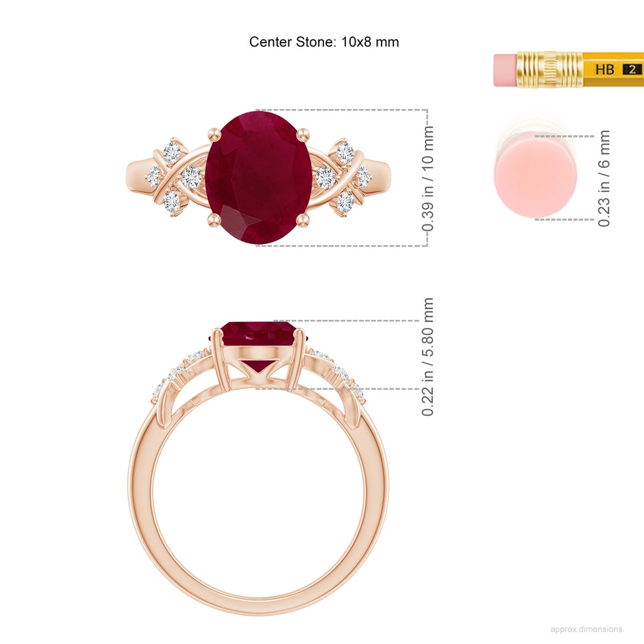 10x8mm A Solitaire Oval Ruby Criss Cross Ring with Diamonds in Rose Gold ruler