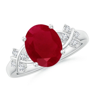 10x8mm AA Solitaire Oval Ruby Criss Cross Ring with Diamonds in P950 Platinum