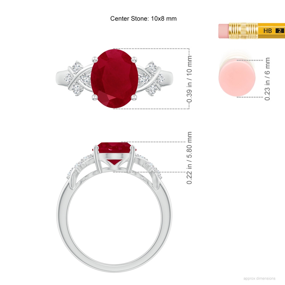 10x8mm AA Solitaire Oval Ruby Criss Cross Ring with Diamonds in P950 Platinum ruler
