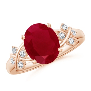 10x8mm AA Solitaire Oval Ruby Criss Cross Ring with Diamonds in Rose Gold
