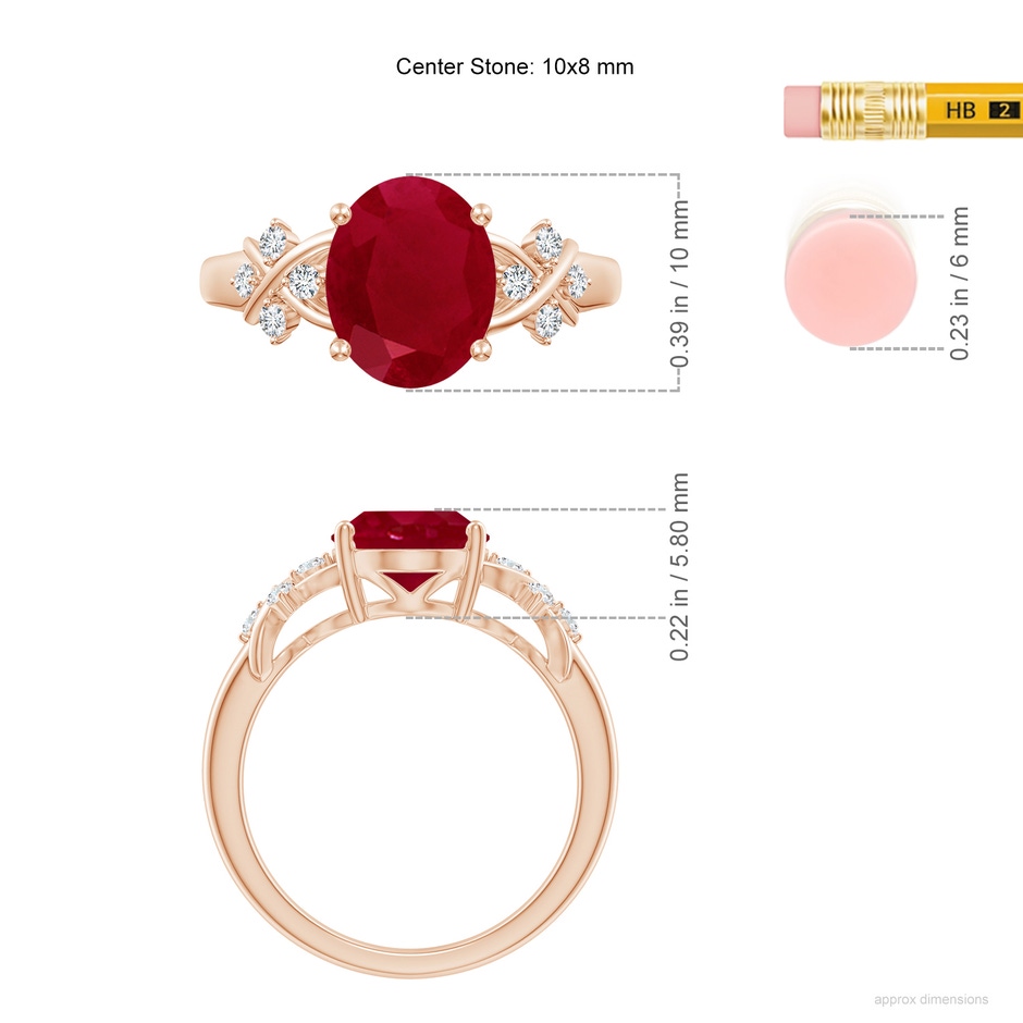 10x8mm AA Solitaire Oval Ruby Criss Cross Ring with Diamonds in Rose Gold ruler