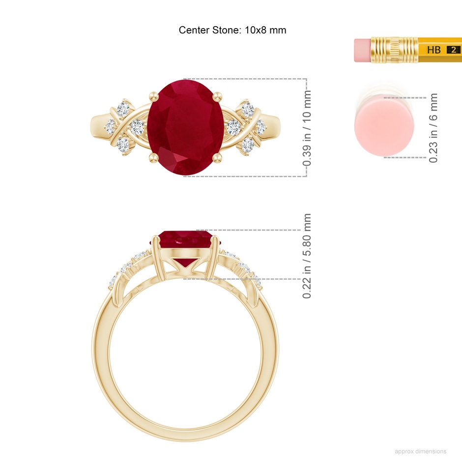 10x8mm AA Solitaire Oval Ruby Criss Cross Ring with Diamonds in Yellow Gold ruler