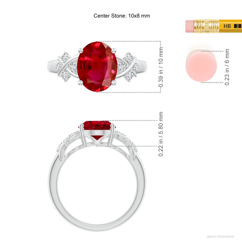 10x8mm AAA Solitaire Oval Ruby Criss Cross Ring with Diamonds in P950 Platinum ruler