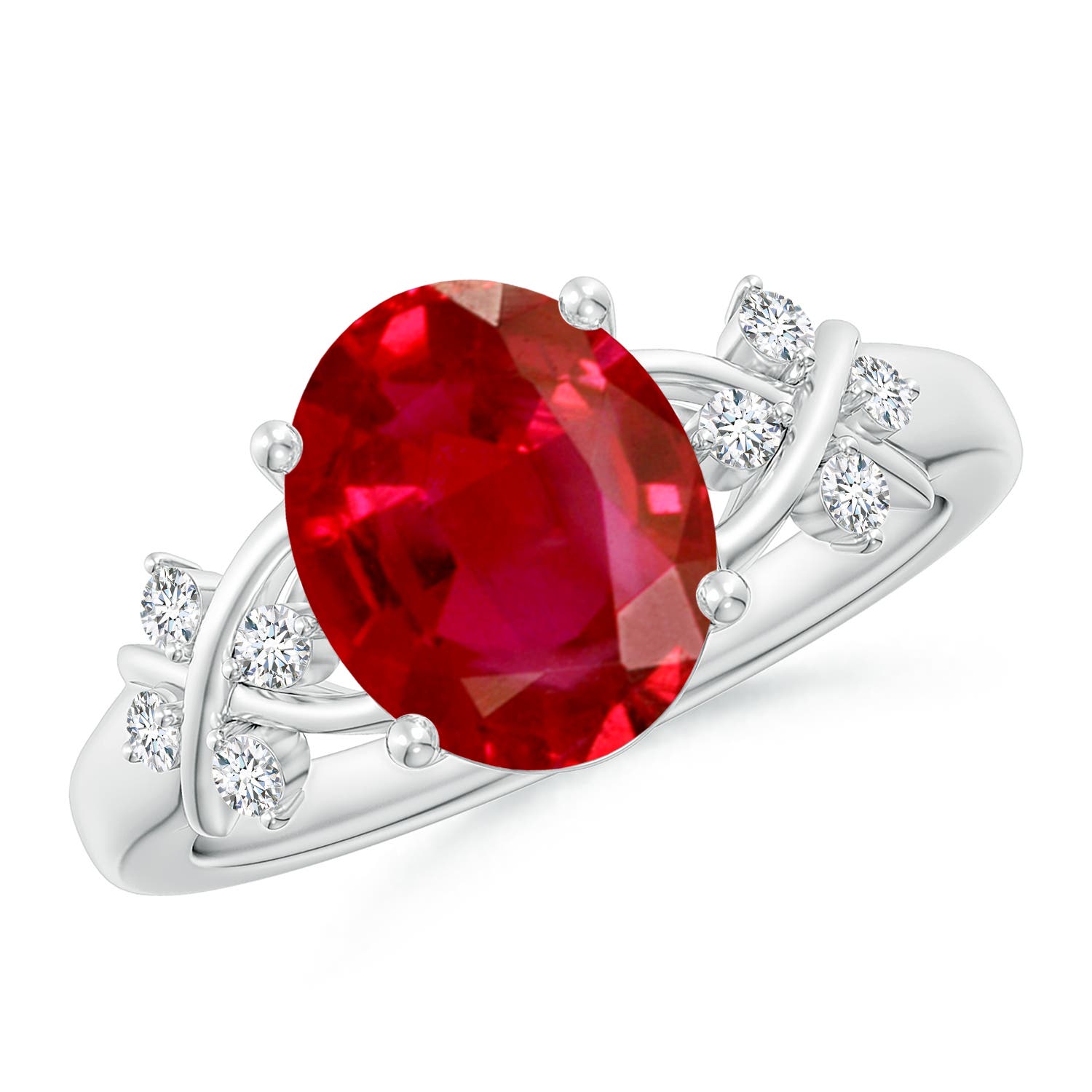 10x8mm AAA Solitaire Oval Ruby Criss Cross Ring with Diamonds in White Gold