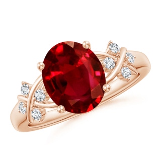 10x8mm AAAA Solitaire Oval Ruby Criss Cross Ring with Diamonds in 10K Rose Gold