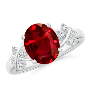 10x8mm AAAA Solitaire Oval Ruby Criss Cross Ring with Diamonds in P950 Platinum