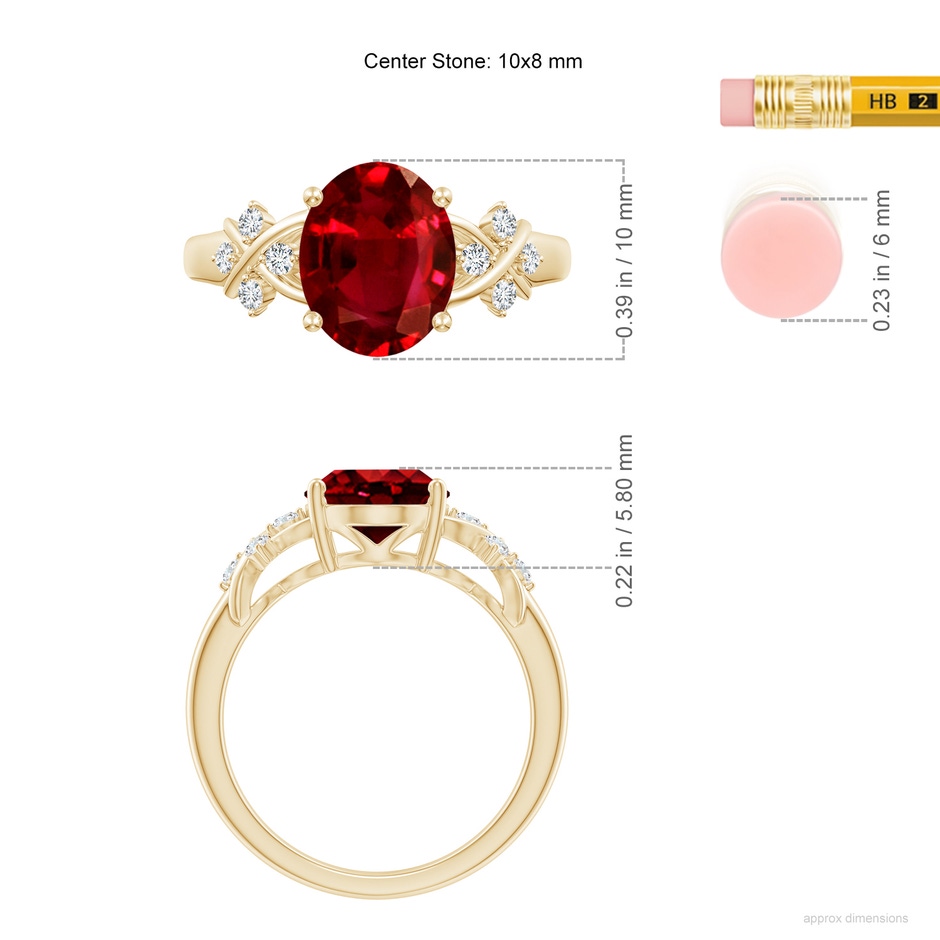 10x8mm AAAA Solitaire Oval Ruby Criss Cross Ring with Diamonds in Yellow Gold ruler