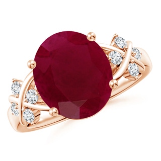 12x10mm A Solitaire Oval Ruby Criss Cross Ring with Diamonds in Rose Gold