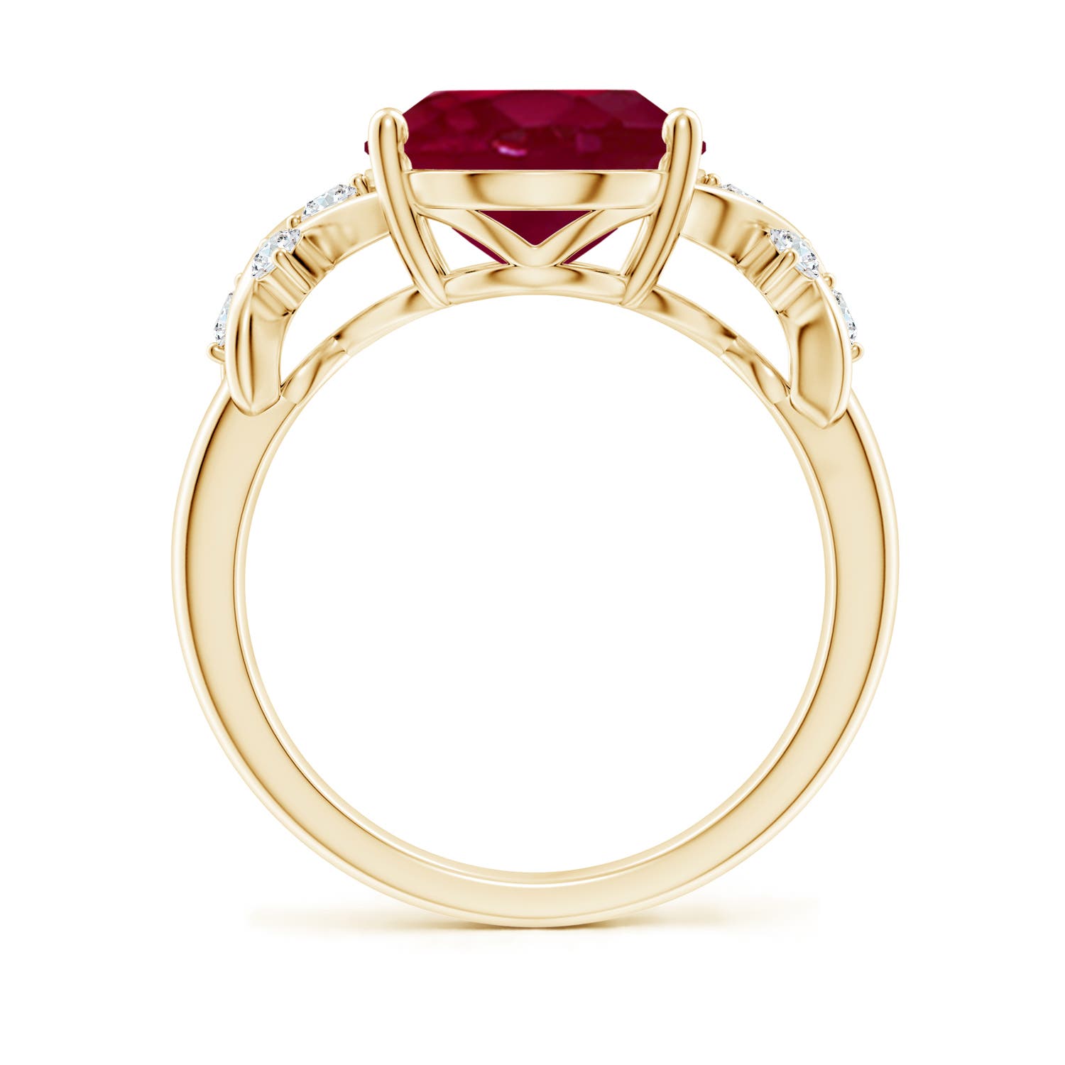 12x10mm A Solitaire Oval Ruby Criss Cross Ring with Diamonds in Yellow Gold