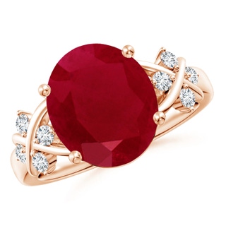 12x10mm AA Solitaire Oval Ruby Criss Cross Ring with Diamonds in 9K Rose Gold
