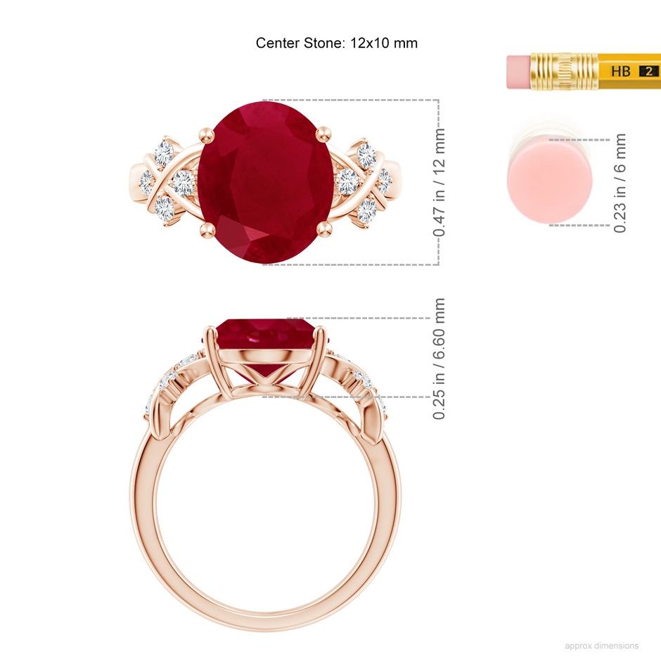 12x10mm AA Solitaire Oval Ruby Criss Cross Ring with Diamonds in Rose Gold ruler